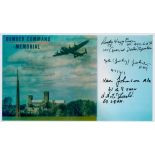 A Lancaster Flying over Bomber Command Memorial, Colour Photo Signed by 4 including G (Johnny)