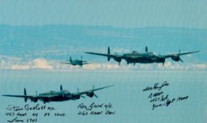 Two Lancasters and a Spitfire flying over the Coast, Colour Photo Signed by 3 including Ron Gard