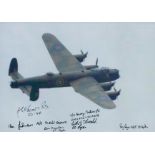 A close-up of a Lancaster in Flight pictured from alongside, Colour Photo Signed by 6 including