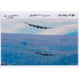 Two Lancasters in Flight over the Countryside, Colour Photo Signed by 3 including Syd Marshall, Eric
