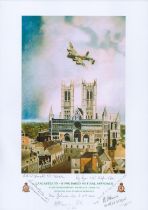 Lancaster VN - B for Baker on final approach print by Reg Payne. Signed by 6 including Mcdonald,