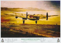 Wheels up skipper print by Reg Payne signed by 6 including Johnson, Donald, Lancaster, Mcrae,