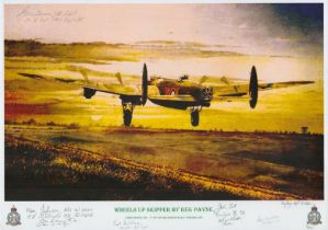 Wheels up skipper print by Reg Payne signed by 6 including Johnson, Donald, Lancaster, Mcrae,