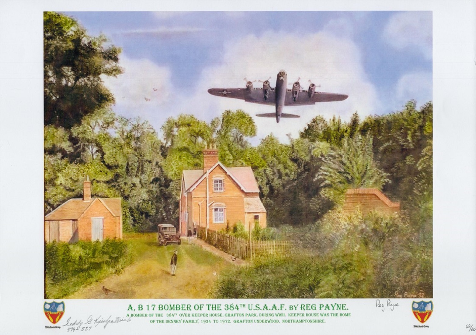 B 17 Bomber of the 384th USAAF by Reg Payne print. Signed by Teddy Kirkpatrick and Warrant officer