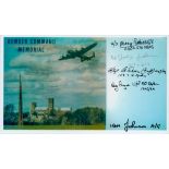 A Lancaster Flying over Bomber Command Memorial, Colour Photo Signed by 5 including Harry Parkins,