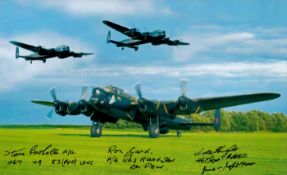 Lancasters (One on the ground Engine Running Two Flying overhead) Colour Photo Signed by 3 including