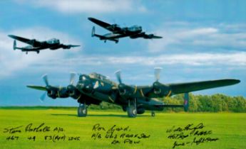 Lancasters (One on the ground Engine Running Two Flying overhead) Colour Photo Signed by 3 including