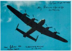 A close-up of a Lancaster in Flight pictured from underneath, Colour Photo Signed by 4 including Reg