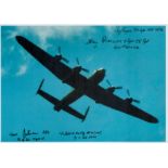 A close-up of a Lancaster in Flight pictured from underneath, Colour Photo Signed by 4 including Reg