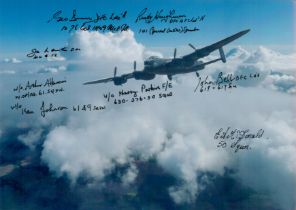 A solitary Lancaster in Flight pictured in Cloudy Skies, Colour Photo Signed by 8 including George