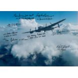 A solitary Lancaster in Flight pictured in Cloudy Skies, Colour Photo Signed by 8 including George