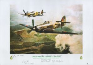 Angel's Hurricane and Spitfire print by Reg Payne. Signed by 3 including Mcdonald, Johnson and 1