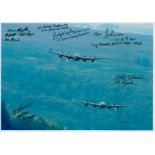 Two Lancasters in Flight over the Countryside, Colour Photo Signed by 7 including Reg Freeth, Arthur