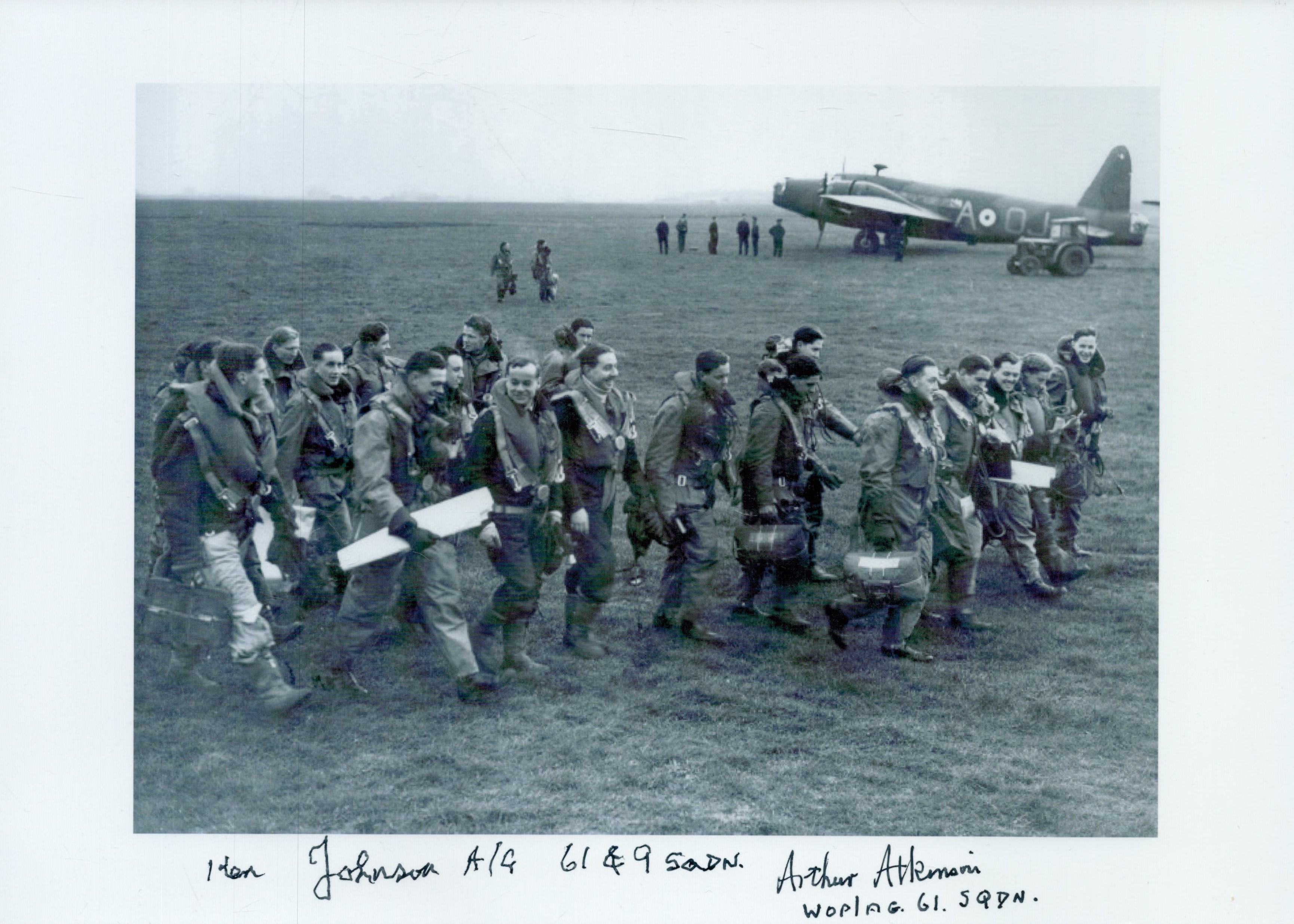 A Group of Airmen at an Airfield, Black and White Photo, Signed by 2 Arthur Atkinson, Ken Johnson,