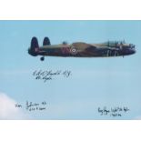 A close-up of a Lancaster in Flight pictured from alongside, Colour Photo Signed by 3 including
