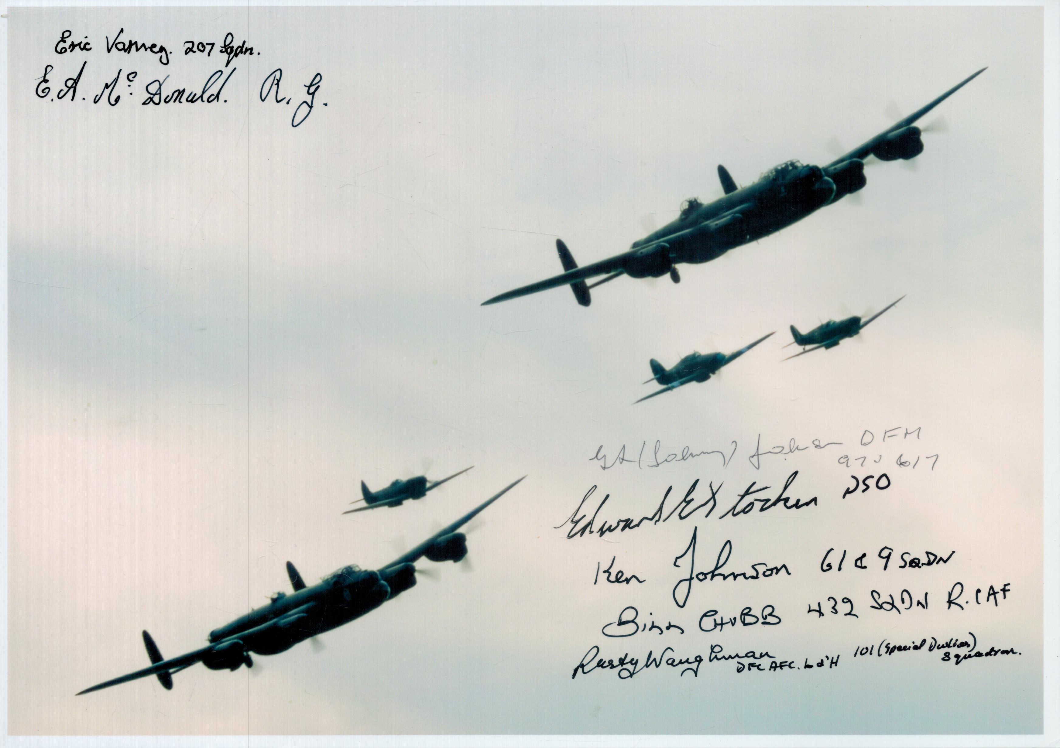 Two Lancasters and 3 Fighters in Flight, Colour Photo Signed by 7 including Rusty Waughman, Eric