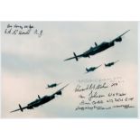 Two Lancasters and 3 Fighters in Flight, Colour Photo Signed by 7 including Rusty Waughman, Eric