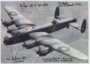 A close-up of a Lancaster in Flight pictured from above, Black and White Photo, Signed by 5