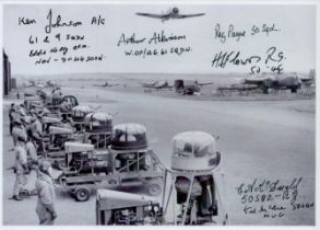 A Row of Gunners waiting with Training guns at an Airfield, Black and White Photo, Signed by 6