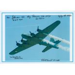 A Bomber in Flight with its Port Engines Smoking, Colour Photo Signed by 3 including Ken Johnson,