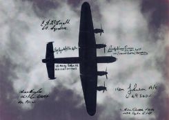A close-up of a Lancaster in Flight pictured from underneath, Black and White Photo, Signed by 7