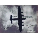 A close-up of a Lancaster in Flight pictured from underneath, Black and White Photo, Signed by 7