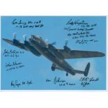 A Close-up of a Solitary Lancaster from underneath, Colour Photo Signed by 9 including Ken