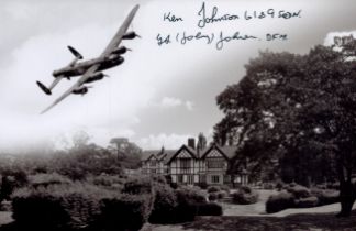 A close-up of a Lancaster in Flight over a House, Black and White Photo, Signed by 2 George (Johnny)