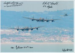 Two Lancasters and a Fighter in Flight over the Coast, Colour Photo Signed by 4 including Rusty