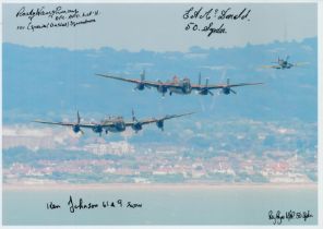 Two Lancasters and a Fighter in Flight over the Coast, Colour Photo Signed by 4 including Rusty