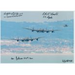 Two Lancasters and a Fighter in Flight over the Coast, Colour Photo Signed by 4 including Rusty