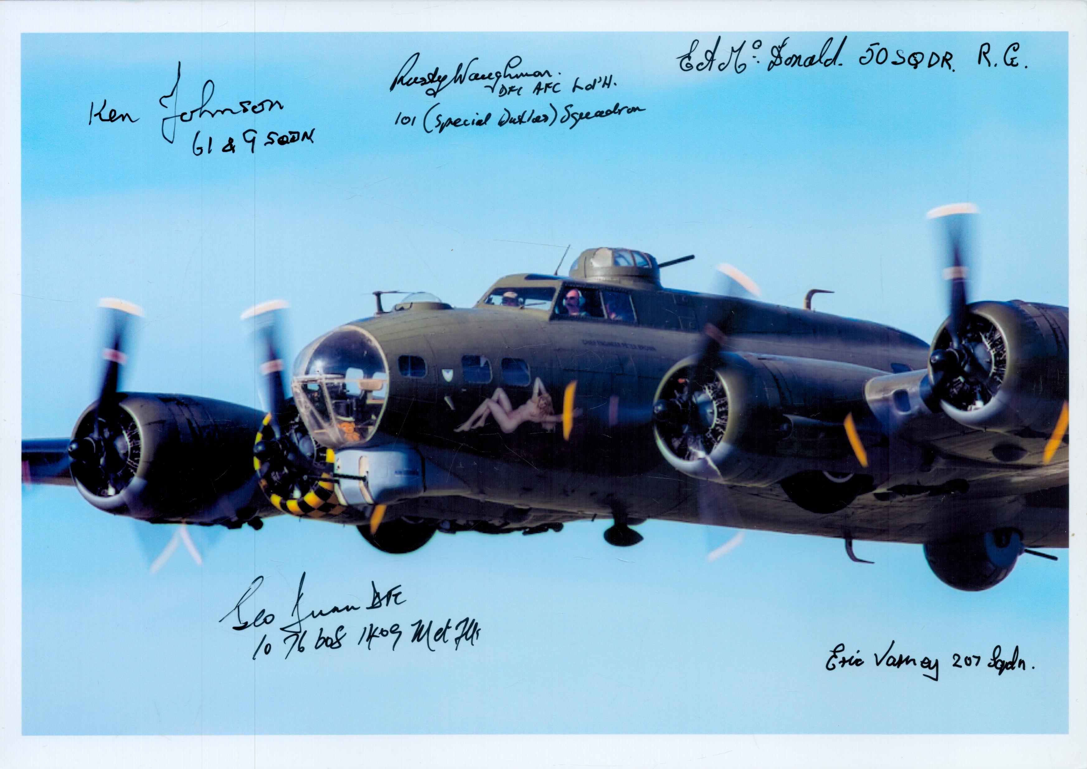 A close-up of a Bomber in Flight, Colour Photo Signed by 5 including George Dunn, Eric Varney,