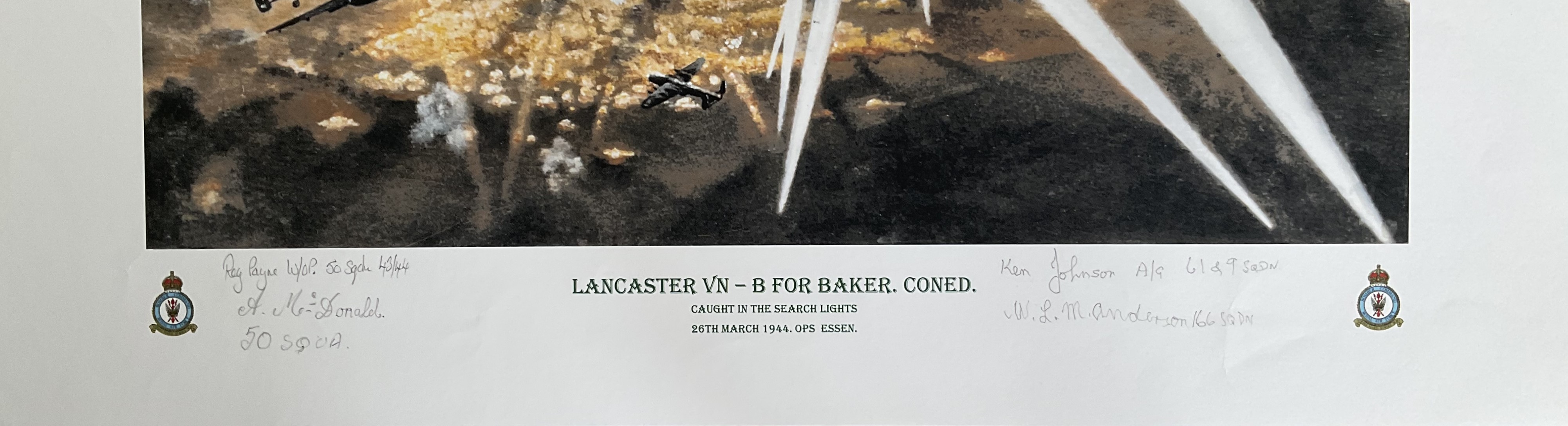 Lancaster VN-B for Baker Coned - Caught in The Search Lights 26th March 1944. Ops Essen, By Reg - Image 2 of 2