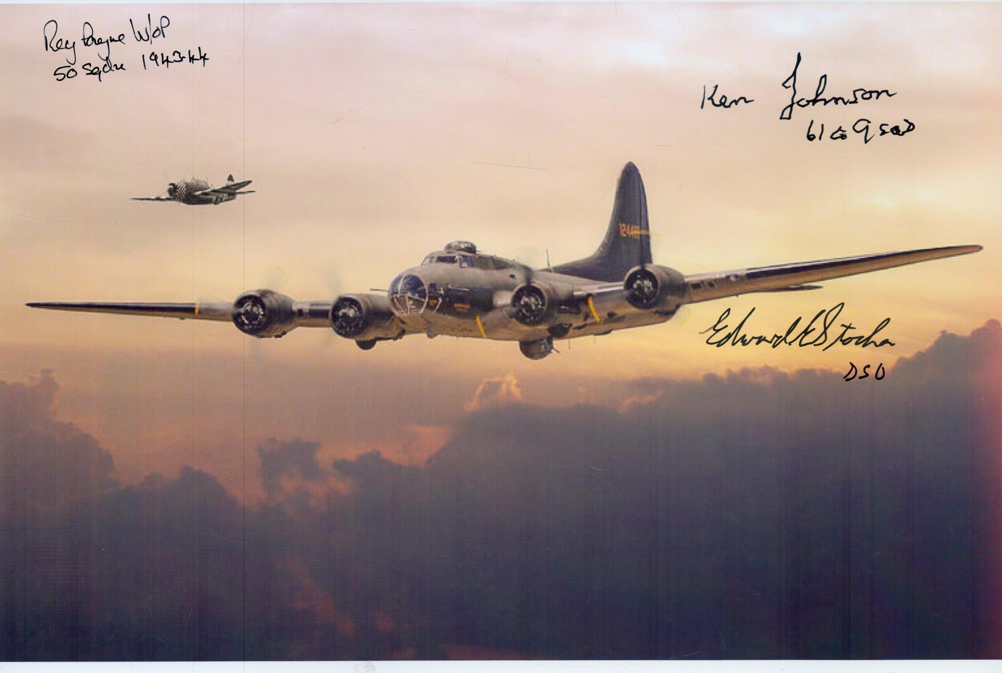 A Bomber in Flight with Fighter Escort, Colour Photo Signed by 3 including Reg Payne, Ken Johnson,