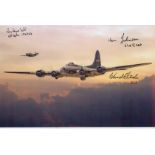 A Bomber in Flight with Fighter Escort, Colour Photo Signed by 3 including Reg Payne, Ken Johnson,