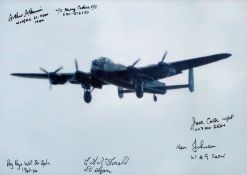 A close-up of a Lancaster in Flight pictured from in front, Colour Photo Signed by 6 including