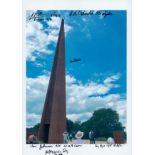 A Lancaster Flying Over the Spire Memorial, Colour Photo Signed by 5 including E A McDonald, Reg