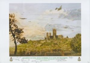 Lancasters fly over Lincoln Cathedral on a clear January evening print by Reg Payne. Signed by 4