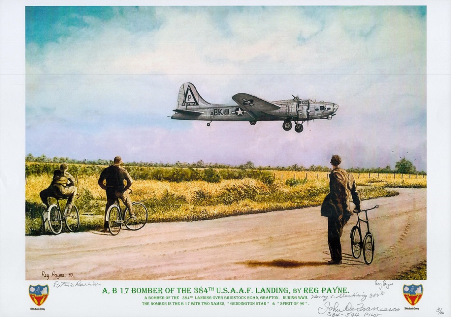 B 17 Bomber of the 384th USAAF landing by Reg Payne print. Signed by Ltnt H Sienkiewicz, Staff