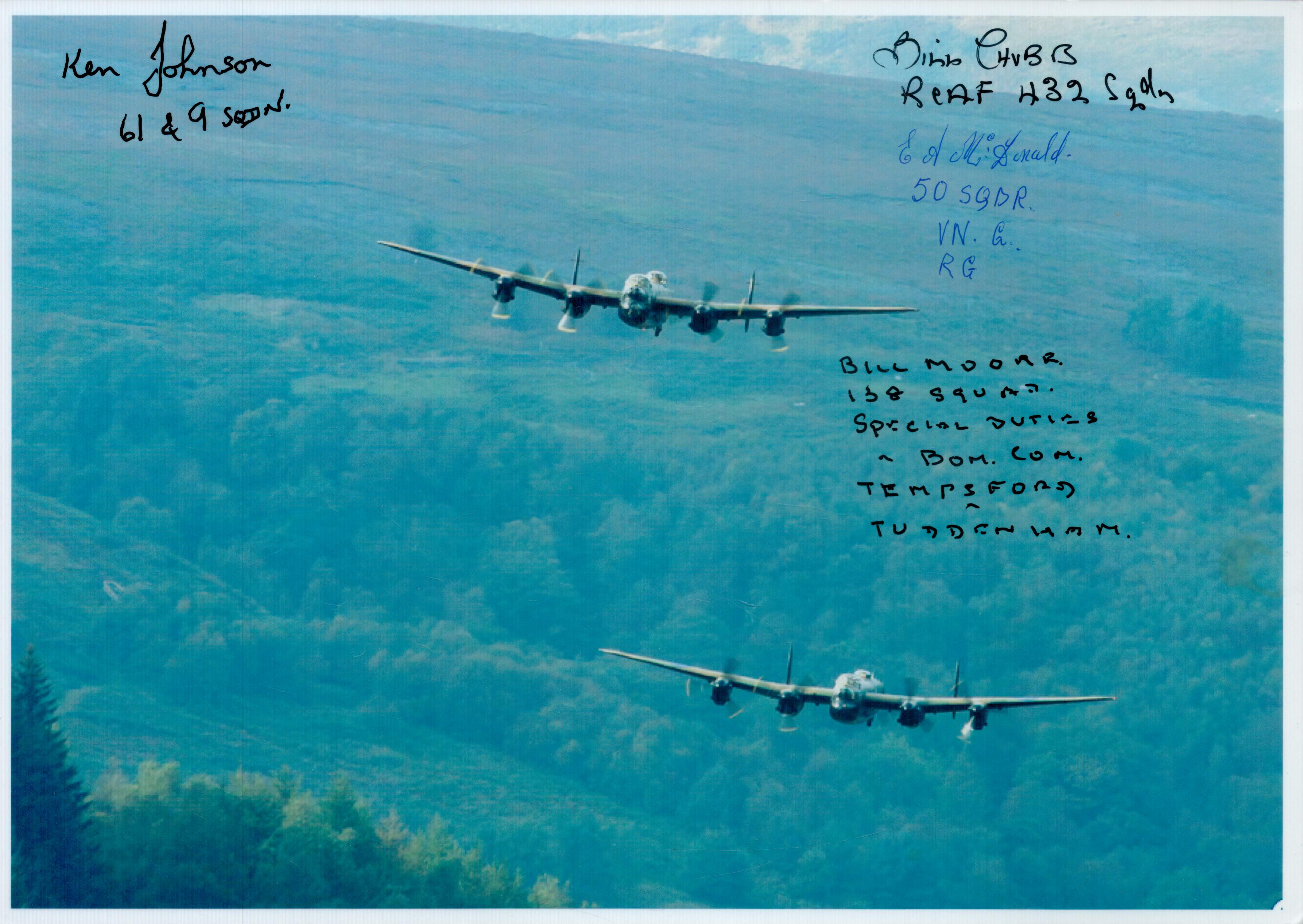 Two Lancasters in Flight over the Countryside, Colour Photo Signed by 4 including Bill Chubb, Bill