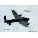 A solitary Lancaster in Flight pictured from alongside, Colour Photo Signed by 3 including E A