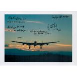 A low Flying Lancaster coming in to Land at Sunset with others behind, Colour Photo Signed by 5