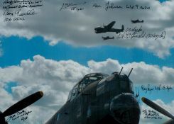 In front of a Lancaster looking skyward at a Lancaster with 2 Fighters flying past, Colour Photo