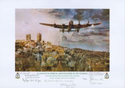 A Lancaster bomber, arriving home on two engines print by Reg Payne. Signed by 6 including Donald,
