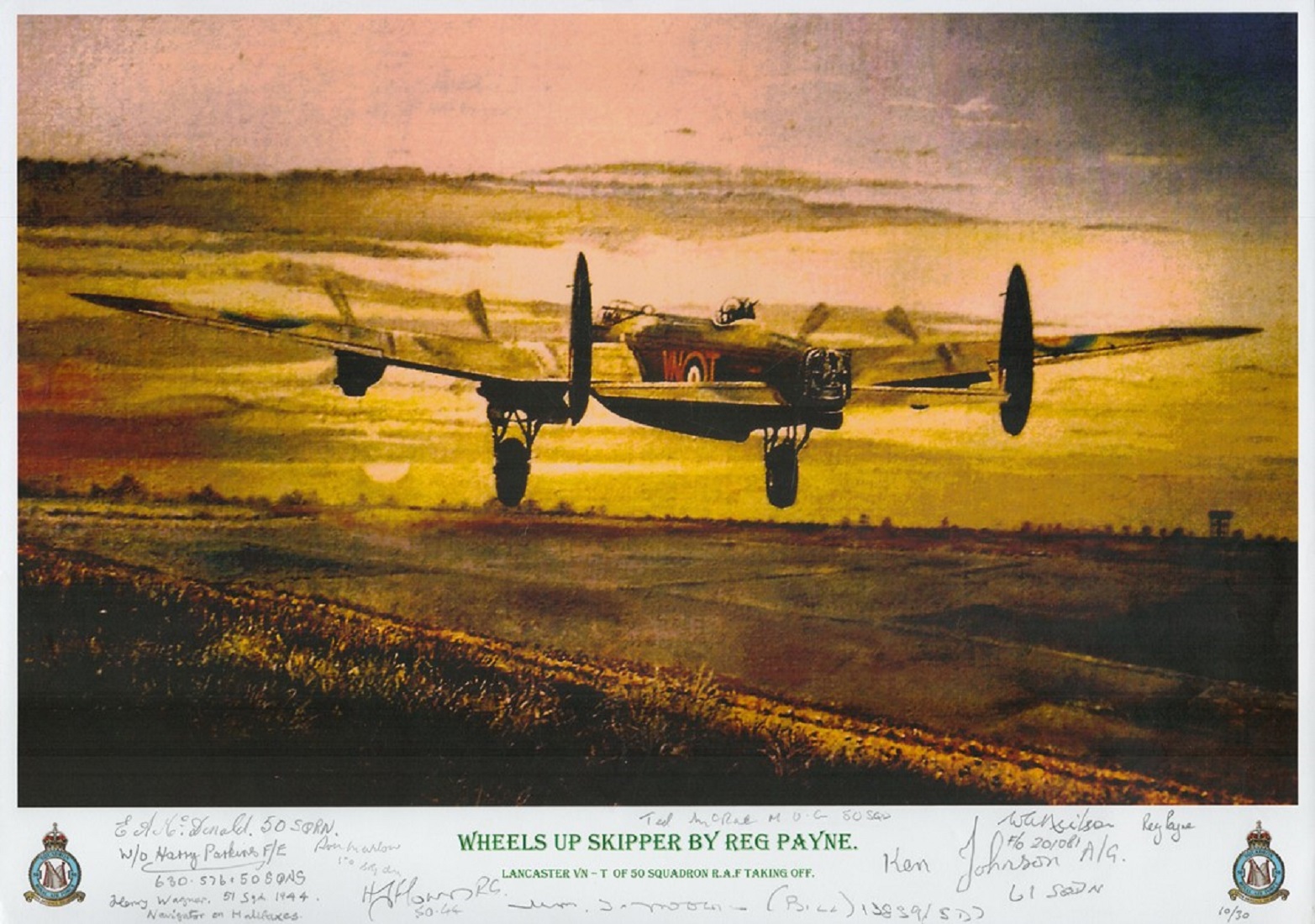 Wheels up skipper print by Reg Payne signed by 9 including Donald, Parkins, Wagner, Flowers,