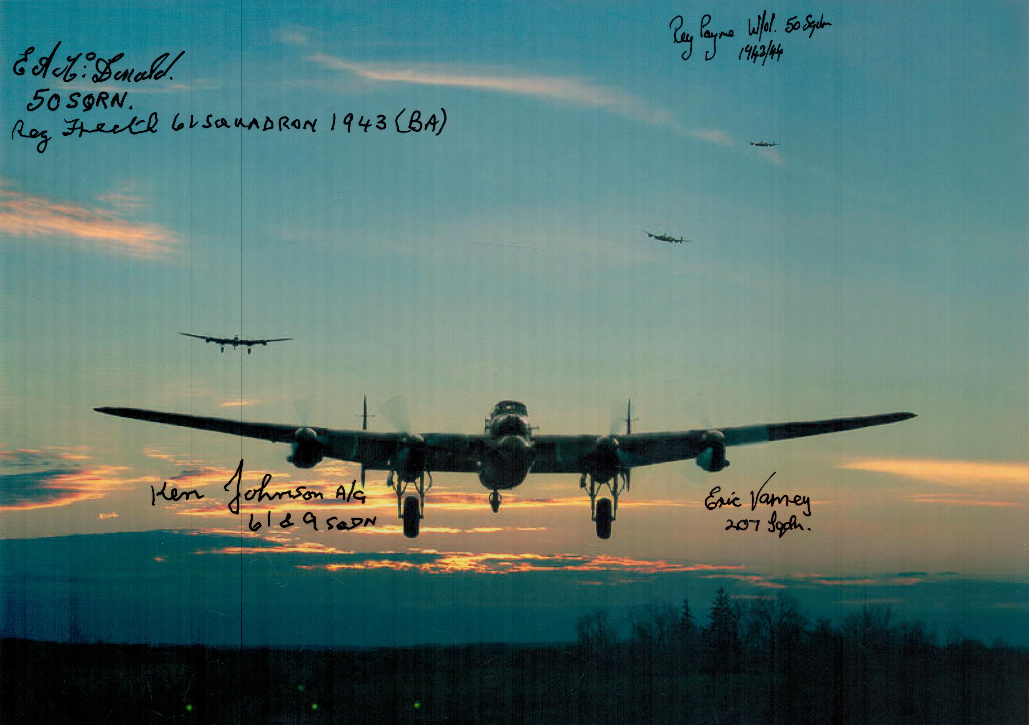 Lancasters lined up ready to Land at Sunset, Colour Photo Signed by 4 including Reg Freeth, Reg