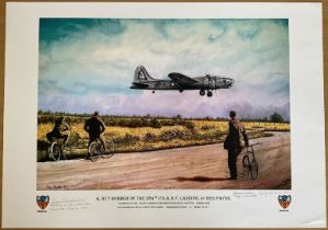 A B17 Bomber of The 384th U.S.A.A.F Landing By Reg Payne, Large Colour Print Signed by 2 Major