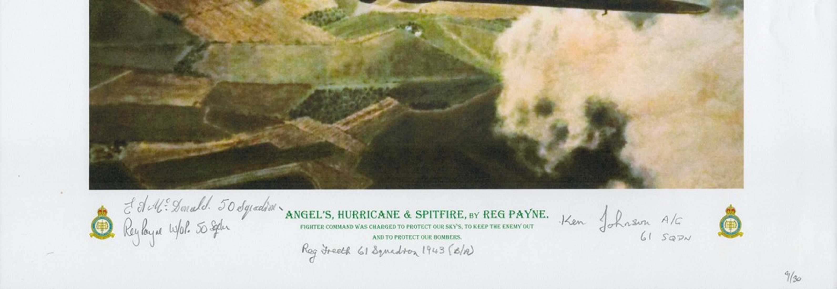 Angel's Hurricane and Spitfire print by Reg Payne. Signed by 3 including Mcdonald, Freeth and - Image 2 of 2