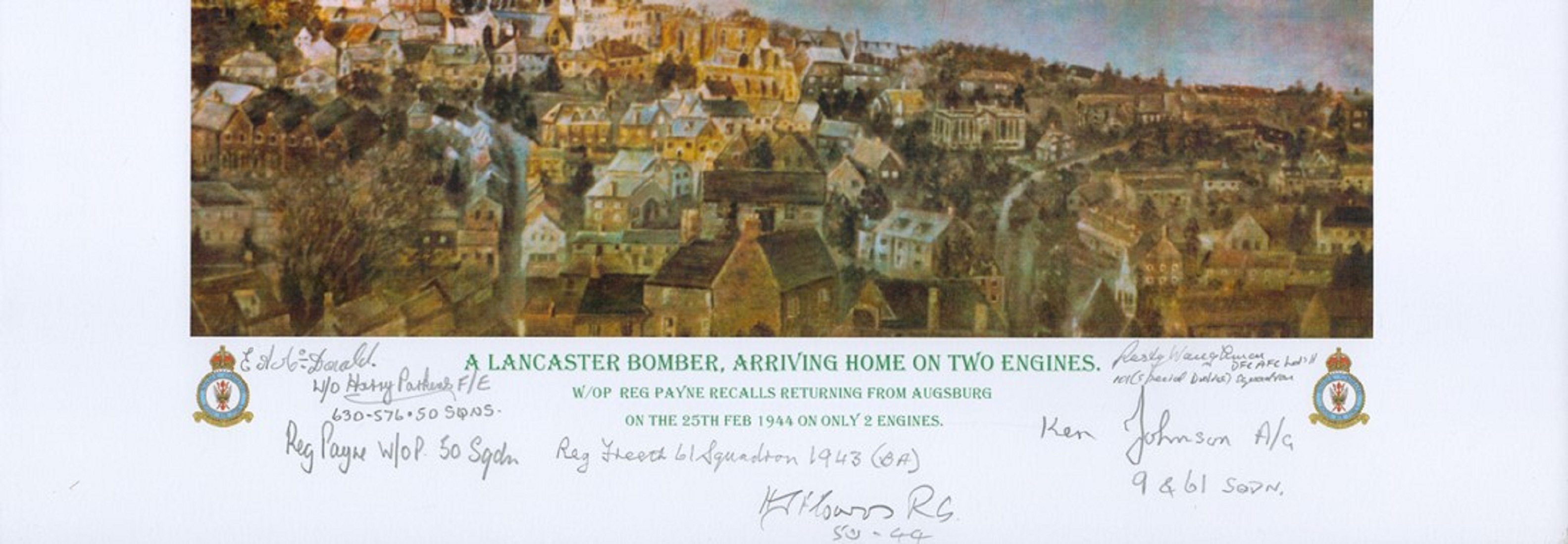 A Lancaster bomber, arriving home on two engines print by Reg Payne. Signed by 6 including Donald, - Image 2 of 2