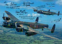 Two Lancasters in Flight over open countryside, Colour Photo Signed by 8 including Rusty Waughman,